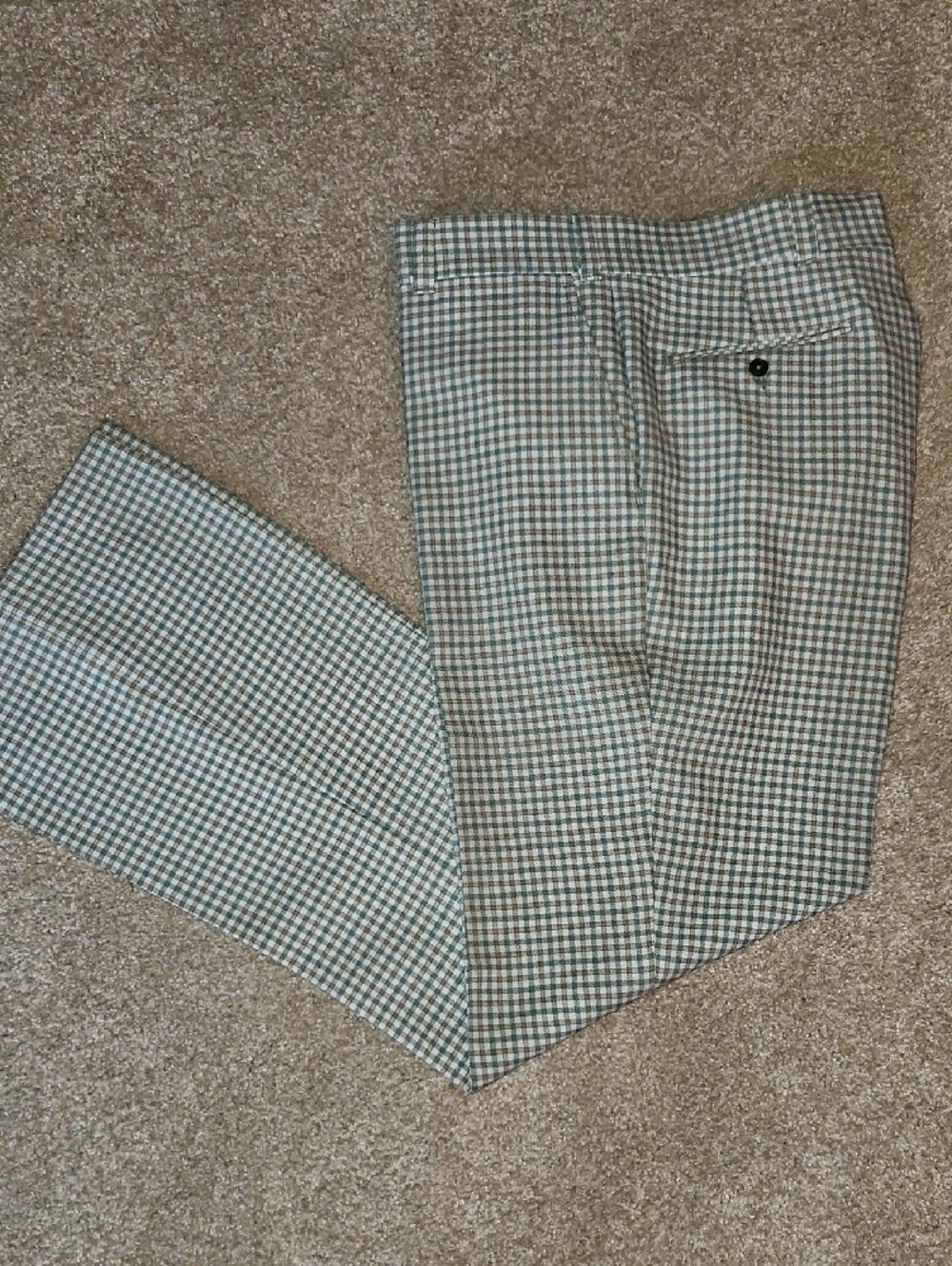 Custom Made Size W34xL33 Mens Green and Tan Vintage Plaid Flare Bottom Pants - Picture 3 of 9